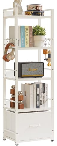 Aibiju Ladder Shelf, Bookshelf, 5 Tier Bookshelf with Drawer, Plant Stand, Living Room Bookcases for Living Room, Bedroom, Kitchen, Steel Frame,White YD-BC001W