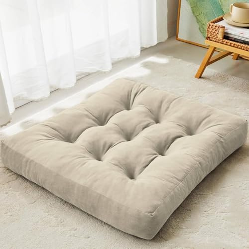 DAWNTREES Floor Pillow, 1 Pack Square Large Pillows Seating for Adults, 55x55x10 cm Gray Tufted Corduroy Cushions for Outdoor Yoga Tatami Fireplace Living Room,Beige