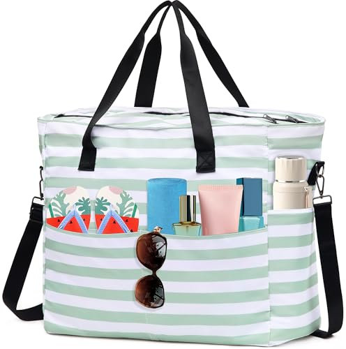 KESUDE Strandtasche xxl Familie Tote Bag mit Reißverschluss Shopper Tasche Damen Groß mit Vielen Fächern Badetasche Beach Bag Reisetasche Handtasche Umhängetasche Saunatasche Strandurlaub für Frauen