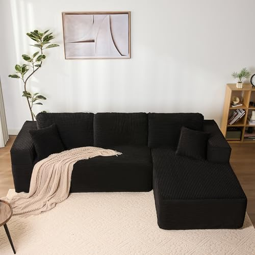 Litbird Modulares L-förmiges Ecksofa mit Schlaffunktion – rahmenloses Schlafsofa mit Chaiselongue rechts, extra tiefer Sitzfläche, montagefrei, für Wohnzimmer,Schwarz