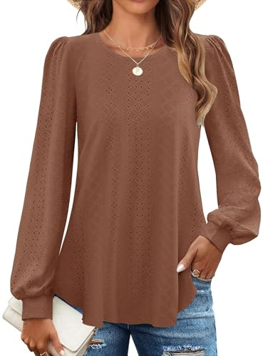 Chicrise Blouse Femme Longue Élégant Tunique Col Rond Décontracté Chemisier Perforé Fashion Café X-Grand 46-48 XL