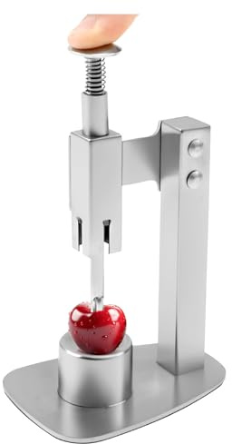 Kirschentkerner Pflaumenentsteiner aus Edelstahl mit Hohlring Schnitt und Rutschfester Basis,Automatische Rückfederung für Jujube Kirschkerne für Kirschen,Ölorange(Silber)