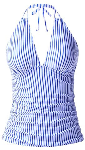 Yonique Women's Halter Tankini Top No Bottom V Neck Swim Top Tummy Control Bathing Suit Top Blue Striped M