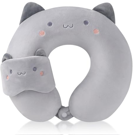 BEKKLPOU Almohada De Viaje 2 En 1 para Niños, Almohada De Viaje En Forma De U La Funda De Almohada Es Extraíble Y Lavable, Adecuada para Adultos Y Niños (Gato Gris)