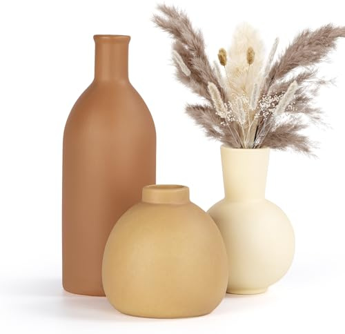 Aevcvok Lot de 3 Vase Ceramique, Vases à Fleurs Terracotta Couleurs Morandi Vase Moderne Centre de Table Décoration D'intérieur Moderne Fleurs séchées, Ensemble de Vases Terre Cuite