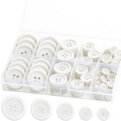 JYNXOR 160 Pièces Boutons Blanc, 4 Trous Boutons en Résine, Boutons de Chemise 4 Trous Ronds, 5 tailles différentes boutons à coudre ronds, pour la Couture, L'artisanat, le Décoration, d'Artisanat