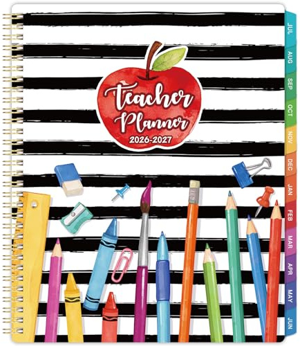 Teacher Planner 2026-2027 - Lesson Planner, Jul. 2026 - Jun. 2027, 8.5 x 11, Planner 2026-2027, Teacher Lesson Planner, Twin-wire Binding, Inner Pocket - Apple and Pencil