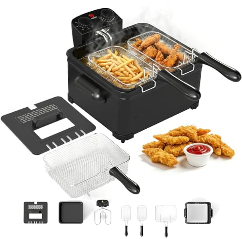 COSTWAY 3L/5L Deep Fat Fryer, 2000W Electric Deep Fryer with 1/3 Removable Basket, Viewing Window, Adjustable Temperature & Cool-Touch Handle, Easy Clean Frying Machine for Chips Chicken (5L,3 Basket)