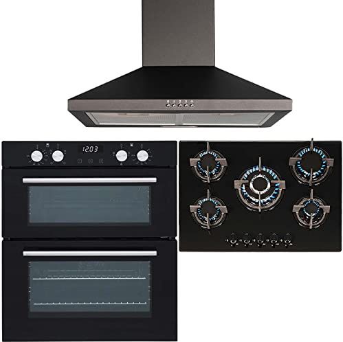SIA Double Built Under Electric Fan Oven, 5 Burner Gas Glass Hob & Chimney Hood
