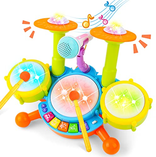 deAO Batterie Jouet Bébé, Tambour Enfant avec Maillets, 18 Musiques & Micro Réel, Effets Sonores et Lumineux Faisant de ce Kit Batterie Enfant Instrument, Instrument de Musique Bébé