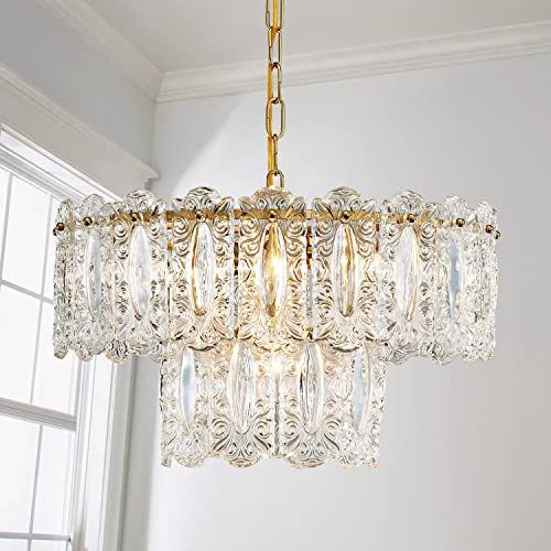 Saint Mossi Kristall Kronleuchter, Vintage-Hängelampe, mit 4 Lichtern, 46 x 25 cm, 2-stöckiger Glasschirm und Messing-Finish