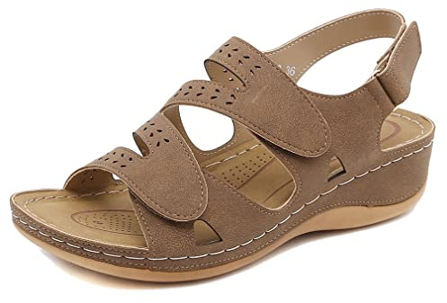 SMajong Sandalias con Punta Abierta Mujer Moda Ortopedicas Comodas Sandalias de Caminar Verano Sling Back Zapatillas de Vestir Ajustable al Tobillo, Marrón 43 EU