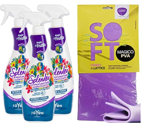 SET PULIZIA: 3x Detergente Multiuso Spray, Il Profumatore Igienizzante Superconcentrato, MAGIA DI FRUTTA. Deterge a Fondo, Rimuove Germi e Batteri 750ml + Panno In Lattice SOFT 30x30