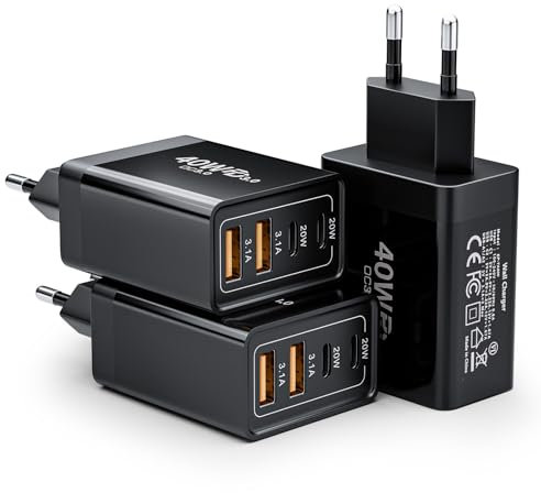 Pack de 3 cargadores USB C múltiples, 40 W, 4 puertos USB-C, cargador rápido, adaptador USBC, conector de carga USB para iPhone 16/15/14/13/12/11/Pro Max/XS/XR/8/7, iPad, Samsung Galaxy S25 S24 A55