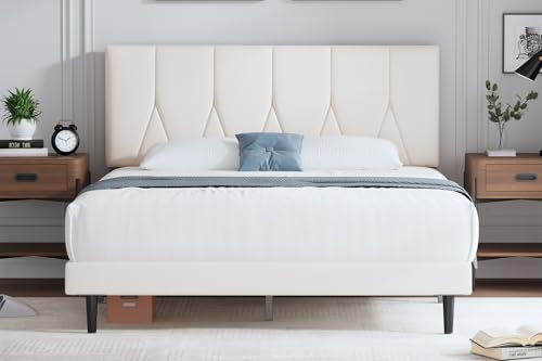 Yocreat Polsterbett 140 x 200 cm Bettgestell Doppelbett Bettrahmen mit Kopfteil, Stoffbett mit Lattenrost, Einfache Montage, Beige
