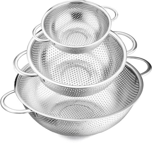 Set of 3 Stainless Steel Colander, 1/3/5Quart, 16/22/25cm Metal Sink Colander Strainer with Handle, Perforated Strainer for itchen/Draining Pasta/Rinsing Vegetables Fruits, Heavy Duty