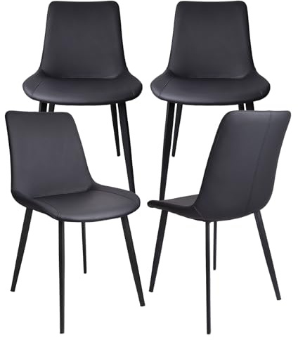 Beryluck Dining Chairs Set of 4, Black Mid Century Modern Dining Room Chairs, Upholstered Faux Leather Kitchen Chair with Cushion and Metal Legs