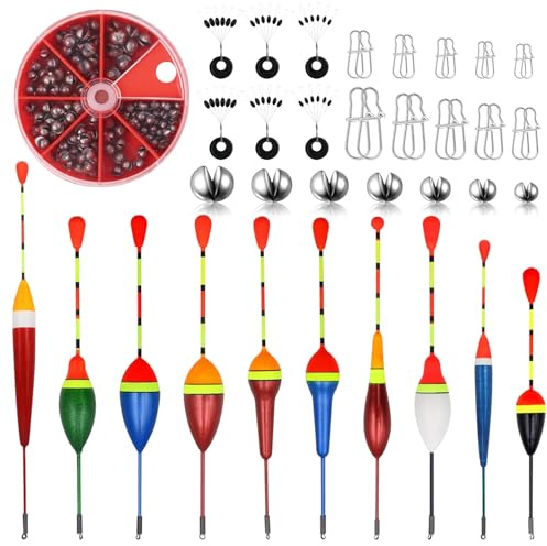 Set de 10 flotadores para pesca Fzyisw, 54 plomadas, 6 paradas de goma, 20 carretes, accesorios de pesca con flotadores de 0.6g/0.8g/1.2g/2g/2.5g/3g/4.5g Set de poses de pesca