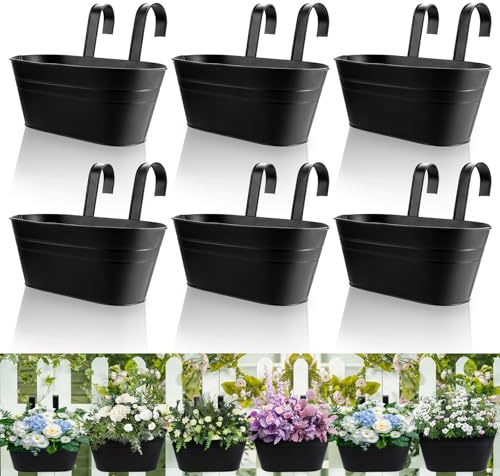 DAJAVE 6 vasi da fiori in metallo, da appendere, 27,5 cm, per fiori, da appendere, colore nero, per balconi, recinzioni da giardino