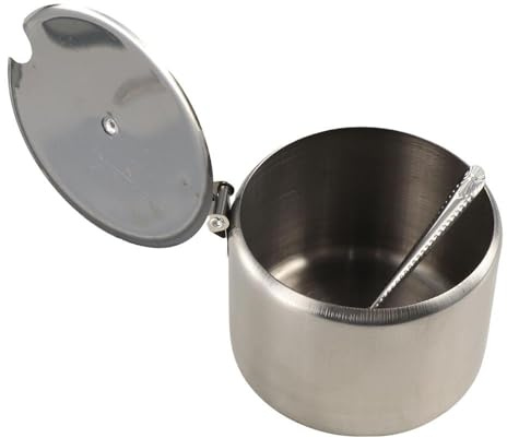Zuccheriera in acciaio inox con coperchio e cucchiaio, barattolo rotondo per condimenti, contenitore in metallo per spezie e sale (7,5 cm)