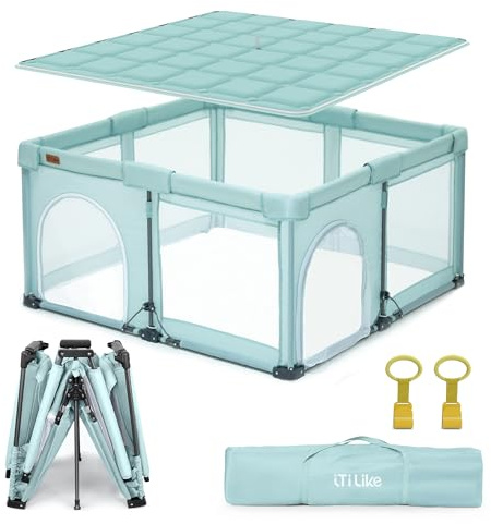 Foldable Baby Playpen, iTiLike Large Playard with Detachable Thickened Washable Water-Resistant Mat, Playpen for Babies and Toddlers, Play Pens with Gate, Indoor & Outdoor Portable Play Yard