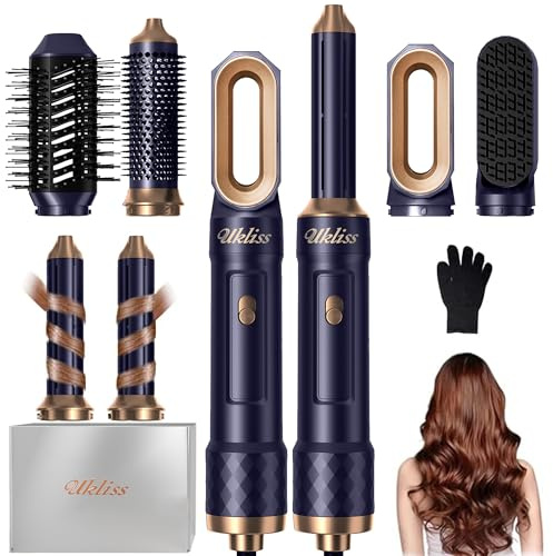 UKLISS Hair Styler 6 in 1, Hair Dryer Brush Set with Automatic Hair Curler, Thermal Brush, Hair Straightner, Hot Round Airbrush, Multistyler Airstyler Gifts for Women Dry, Volume, Curls - Dark Blue