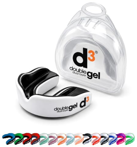 d3 Double Gel Mouthguard wth Case, Adults and Junior Gum Shield for Boxing, MMA, Contact Sports, Rugby, Martial Arts, Judo, Karate, Hockey (White/Black, Adult (12+))