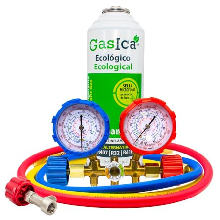 Pack Gas Refrigerante Orgánico Gasica V2 Sustituto del R22, R407, R32, R410A Y R290 más Llave de paso de perforación 1/2 hembra y Mangueras con Manómetro para recarga Aire Acondicionado Split