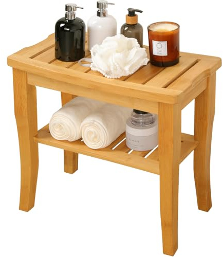 VVW 19 Inch 2-Tier Bamboo Shower Bench Bathroom Bench Seat with Storage Shelf, 2-Tier Wooden Spa Seat Bath Stool for Adults Women Elderly Seniors Wood Shower Chair for Bathtub or Small Spaces(Beige)