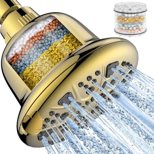MakeFit Filtered Shower Head - High Pressure Shower Head with filter for Hard Water - Rain Shower Head Water Softener - Luxury 7 Settings Adjustable Water Filter Showerhead (Gold)