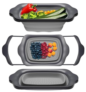 Comfify XL Large Kitchen Strainer - Collapsible Silicone Over-The-Sink Colander with Extendable Handles - Use with Pasta, Fruit, Berries & Veggie - 6 Quart - Gray