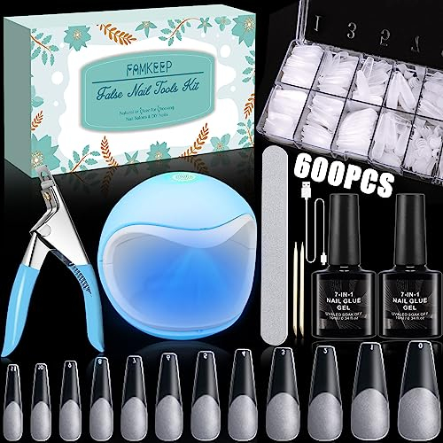 FAMKEEP Capsule Americaine Ongle Kit,600 Pcs Américaines Faux Ongles,12 Tailles Kit Pose Americaine Ongles,Avec Mini Lampe à Ongles UV, Colle à Ongles Pour L'extension D'ongles En Acrylique