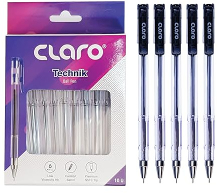 CLARO Technik - Penne a sfera nere, punta fine (0,7 mm), confezione da 10, penne a sfera liscia, per scuola, ufficio, casa, uso quotidiano