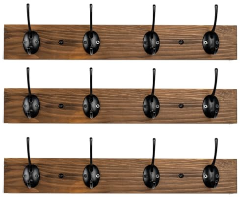 VERTORGAN Coat Hooks Wall Mounted, Wooden Hat Rack with 4 Hooks for Entryway, Bathroom,Bedroom (3 Pack,Brown)