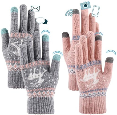 FUKPO 2 Pares Guantes Térmicos Mujer Invierno, Táctiles Rosa Gris Con Estampado de Renos Navideños Para Móvil