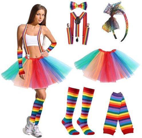 Shinybox Disfraz de Carnaval para Mujer, 6 Piezas Falda de Tul para Mujer Tutu, Diademas de Colores, Pajarita, Calcetines Hasta la Rodilla, Guantes sin Dedos, Correa para Fiestas, Carnaval