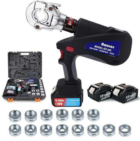 AMZCNC Pinza crimpatrice idraulica ricaricabile, batterie al litio da 18 V, 2 pezzi, 16-300 mm², 11 timbri, pinza crimpatrice per capicorda