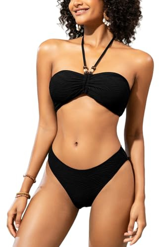SHEKINI Top Bikini en Deux pièces pour Femme : Bandeau texturené en Halter avec Perles et Attache à l'arrière, Bas de Couverture Moyenne