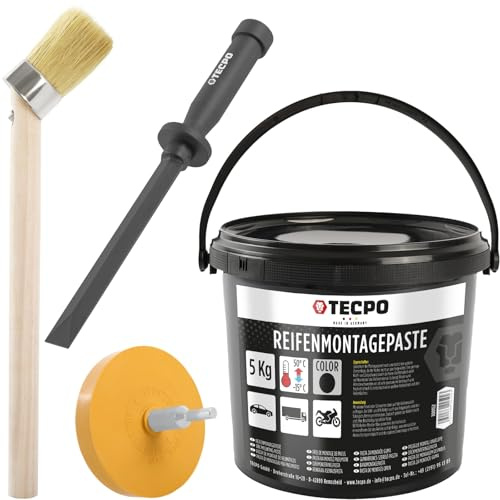 TECPO Kit di montaggio pneumatici universale per pneumatici, 5 kg, colore nero, ad asciugatura rapida + pennello per pasta di montaggio pneumatici, gomma per trapano Ø 90 mm, raschietto in plastica