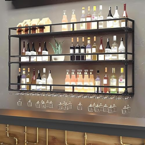 KEPMOGOH Väggmonterat vinställ med 3 våningar, vinhylla flaskeståndare, ställ för vinflaskor, vinbagarställ, järn flaskhylla, vinpresentationsställ för bar, för bar, restaurang, kök (Svart, 150cm)