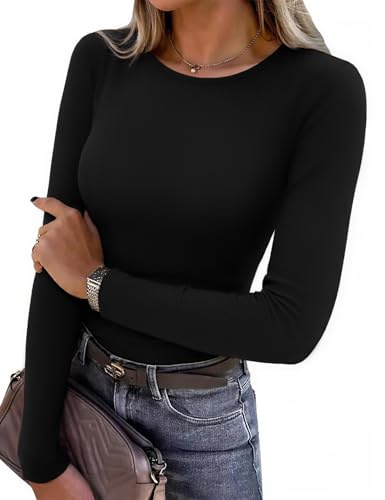 Aottori Maglia Donna Manica Lunga Girocollo Costine Slim Fit | Maglietta, Aderente, Basic Tops, Elegante, T-Shirt, Aderente Elasticizzato, Tinta Unita, Casual