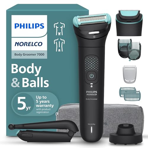 Philips Norelco Body Groomer serie 7000, impermeabile, da uomo, con custodia da viaggio, sistema di rasatura a tripla protezione e rasoio per peli del corpo con testa flettente 2D che segue i contorni