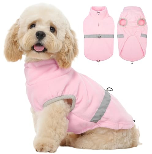 Kuoser Jersey de forro polar para perro, color rosa, M, chaleco cálido ajustable con cordón, chaqueta suave y acogedora con agujero para arnés para perros medianos, abrigo de invierno para clima frío