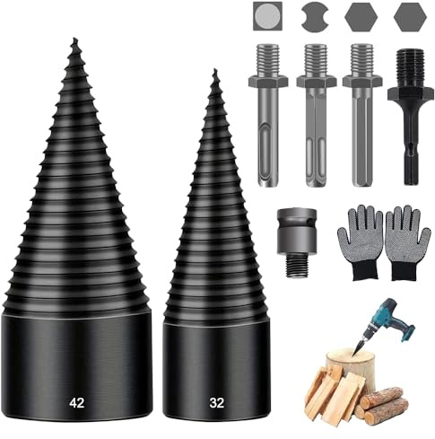 Afenau Bohrkegel Holzspalter, 42mm + 32mm Holzspalter Bohrer Set mit 5 Bohrgriffe und 1 Handschuhe, HOLZSPALTER Schraube Kegel, Brennholzspalter Bohrer für Bohrmaschinen und Akkuschrauber