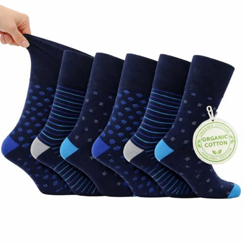 Mens Wellness Sox – 6 Pairs Organic Cotton Socks with Non-Elastic Cuff – Work, Walking & Travel | Antibacterial Diabetic | UK 6-11 | EU 39-46