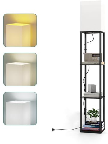Ginhow Lampada da Comodino Camera da Letto per risparmiare spazio,Piantana Lampada da Terra Salotto Moderna in metallo nero con 3 livelli di spazio di stoccaggio aperto