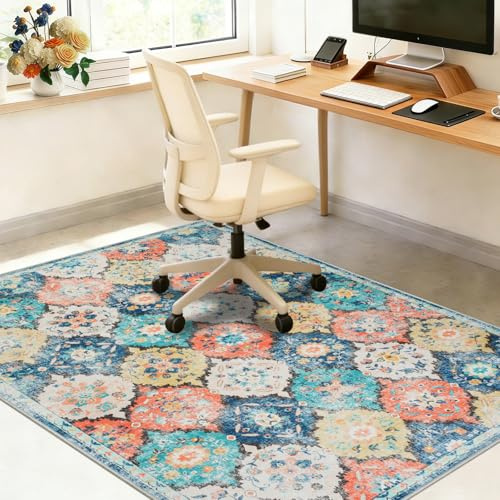 Famibay Protector Suelo Silla Ruedas 120x150cm Alfombra Silla Escritorio Antideslizante Alfombra Protectora Suelo para Silla de Oficina Lavable para Suelo Duro Baldosas Azul Naranja Floral