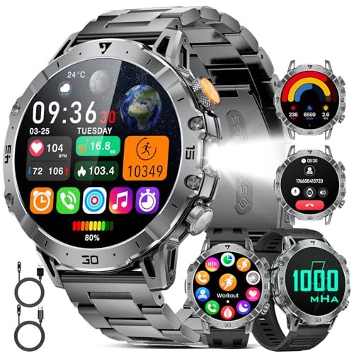 HIRREO Montre Connectée Homme 1,85 Écran HD, Batterie 1000mAh, Lampe Torche LED, Appel Bluetooth, 100+ Modes Sport, IP68 Étanche Smartwatch, Montre Intelligente Android iOS, 3 Bracelets, Noir