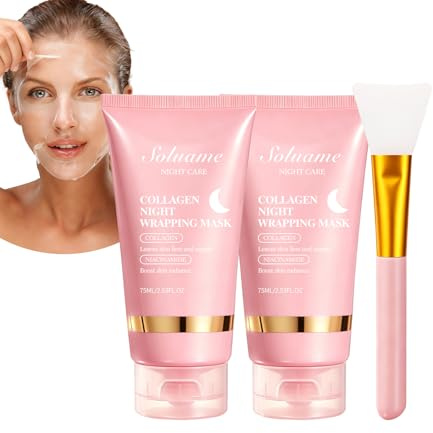 Collagen Night Wrapping Mask Peel Off Face Mask, Moisturising Face Mask Skin Care, Hydrolyzed Collagen and Niacinamide for Glowing Skin, Overnight Face Mask 2.53 fl.oz*2