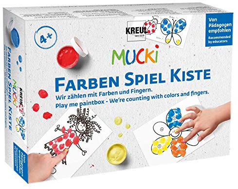 KREUL 29103 - Mucki Fingermalfarbe, Farben Spiel Kiste, Wir zählen mit Farben und Fingern, Lern- und Spielset, 5 x 50 ml Fingerfarbe, 2 kleine Dosen, 14 Motiv-Kärtchen, 1 Anleitung